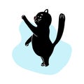 Hand drawn vector illustration of a cute funny black cat.The cat stands on its hind legs and begs for food. Isolated