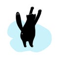 Hand drawn vector illustration of a cute funny black cat. The cat stretches standing up. Isolated objects on a white