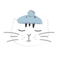 Hand drawn vector illustration of a cute funny cat face in a knitted hat, muffler, text Royalty Free Stock Photo