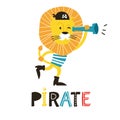 Hand drawn vector illustration of a cute funny lion pirate in a tricorn hat, with lettering