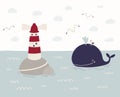 Cute whale and lighthouse illustration Royalty Free Stock Photo