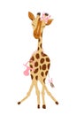 Hand drawn vector illustration with a cute giraffe female baby girl celebrating new birth