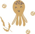 Hand drawn vector illustration cute marine octopus and seaweed.