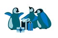 Hand drawn vector illustration with cute penguins and gifts