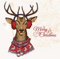 Hand Drawn Vector Illustration of Deer Hipster in Jacquard Sweater, Merry Christmas Card