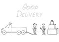 Hand drawn vector illustration, delivery men with truck