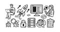 Hand drawn vector illustration of developer with laptop coding rocket launch monitor and cyber security icons in black and white Royalty Free Stock Photo