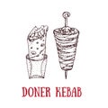Hand drawn vector illustration of doner kebab. Roll, chicken roll, fast food, kebab, shawarma.