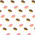 Hand drawn vector illustration of donut chocolate frosting and pink icing with colorful sweaty sprinkles pattern. Royalty Free Stock Photo