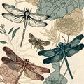 Hand drawn vector illustration with dragonflies, flowers, leaves and plants Royalty Free Stock Photo