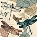 Hand drawn vector illustration with dragonflies, flowers, leaves and plants