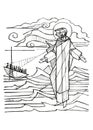 Hand drawn illustration of Jesus walking on water