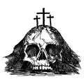 Hand-drawn vector illustration for Easter. Mount Calvary near Jerusalem, in the shape of a skull, three crosses on top