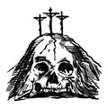 Hand-drawn vector illustration for Easter. Mount Calvary near Jerusalem, in the shape of a skull, three crosses on top