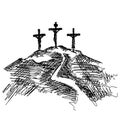 Hand-drawn vector illustration for Easter. Three crosses on top of Mount Calvary, near Jerusalem