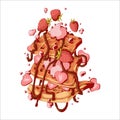 Hand drawn vector illustration of falling Viennese or Belgian waffles with strawberry, chocolate syrup and whipped cream in comix Royalty Free Stock Photo