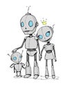 Hand drawn vector illustration - family of robots