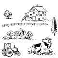 Hand drawn vector illustration with farm and cow. sketh.