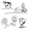 Hand drawn vector illustration with farm and cow, sunflowers. sketh.