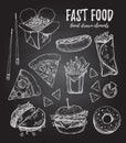 Hand drawn vector illustration - Fast food hot dog, hamburger,