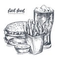 Hand drawn vector illustration of fast food set in sketch style. American food burger, french fries, drink. Royalty Free Stock Photo