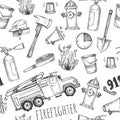 Hand drawn vector illustration - firefighter. Seamless pattern