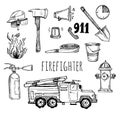 Hand drawn vector illustration - firefighter. Sketch icons