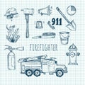 Hand drawn vector illustration - firefighter. Sketch icons