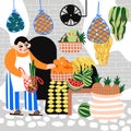 Hand drawn vector illustration in flat style. A man sells fruits and vegetables at the market Royalty Free Stock Photo