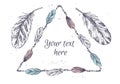 Hand drawn vector illustration - Frame with feathers. Royalty Free Stock Photo