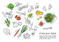 Hand drawn vector illustration of fresh salad with vegetables, c