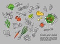 Hand drawn vector illustration of fresh salad with vegetables, c