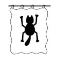 Hand drawn vector illustration a fun cute adult young black cat is hanging on the curtain on a white background Royalty Free Stock Photo