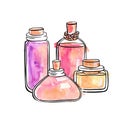 Hand drawn vector illustration of glass jars and bottles with essential oils.