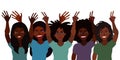 Hand drawn vector illustration of group of happy smiling black women together holding hands up with piece sign, open palm. Flat