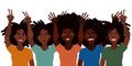 Hand drawn vector illustration of group of happy smiling black women together holding hands up with piece sign, open palm. Flat