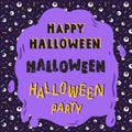 Hand drawn vector illustration of Halloween lettering. with eyeball pattern retro background.