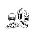 Hand drawn vector illustration of hamburger,pizza,hotdog,soft drink in cartoon style Royalty Free Stock Photo