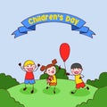 Hand drawn vector illustration Happy Children day. three children playing in ground with balloon