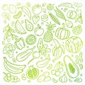 Hand-drawn vector illustration with a healthy food theme. Fruits and vegetables in an original doodle organic style.