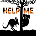 Hand drawn vector illustration Help Me lettering with fire and silhouette wild animal Kangaroo, Koala, tree on white background. Royalty Free Stock Photo