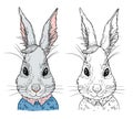 Hand-drawn vector illustration. Hipster bunny in knitted sweater