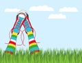 Hand drawn vector illustration his feet in sneakers and multicolored striped stockings sticking out of the grass