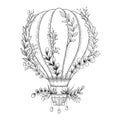 Hand drawn vector illustration with hot air balloon, plants, herbs, branches and floral elements