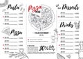 Hand drawn vector illustration - Italian menu. Pasta and Pizza.