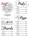 Hand drawn vector illustration - Italian menu. Pasta and Pizza. Royalty Free Stock Photo