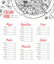 Hand drawn vector illustration - Italian menu. Pasta and Pizza. Royalty Free Stock Photo