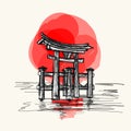 Hand drawn vector illustration of japanese gate Torii. Red sun on background Royalty Free Stock Photo