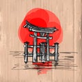 Hand drawn vector illustration of japanese gate Torii. Red sun. Ink drawing in vintage style on cardboard background Royalty Free Stock Photo