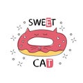 Hand drawn vector illustration of a kawaii funny donut with cat ears. Isolated